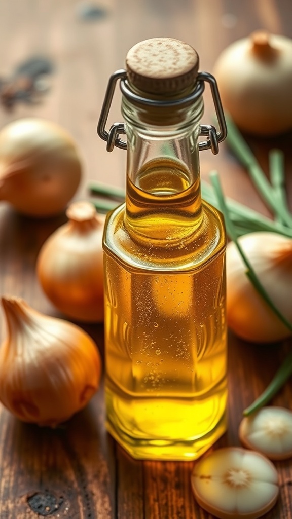 A bottle of homemade onion oil with fresh onions on a wooden table.